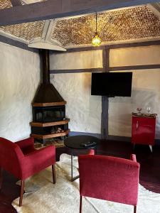 a living room with a fireplace and two chairs and a tv at Pousada Meu Recanto in Conceição da Ibitipoca