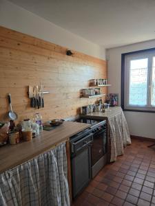 a kitchen with wooden walls and a stove top oven at Edelweiss in Moux-en-Morvan