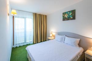 a hotel room with a bed and a window at Complex Bran Brad Bega in Eforie Nord