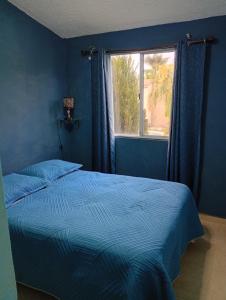 a blue bedroom with a bed and a window at Casa completa equipada para cualquier ocasión in Tezoyuca