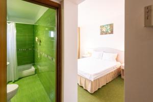 a bedroom with a bed and a shower and a toilet at Complex Bran Brad Bega in Eforie Nord