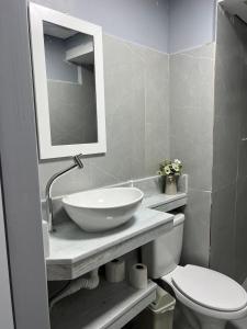 a bathroom with a sink and a toilet and a mirror at Condomínio Central Casa Luíza in Uruguaiana +18 photos