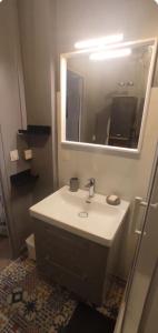 a bathroom with a sink and a mirror at Superbe appartement face à la mer à Erquy in Erquy