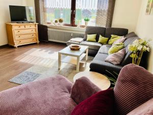 a living room with two couches and a tv at Auszeit im Grünen, ideal für Ausflüge ins Legoland, Allgäu oder Skylinepark in Waltenhausen