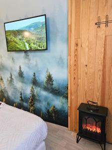 a bedroom with a tv hanging on a wall at [Chalet] Studio Premium, WIFI, Chaleureux in Lourdes