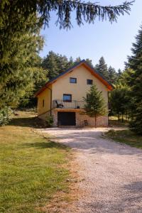 ein großes weißes Haus mit Garage in einem Wald in der Unterkunft House sid forest in Otočac