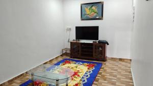 a living room with a tv and a rug at Seetha's Homestay in Lunas
