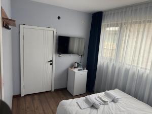 a bedroom with a bed and a tv and a window at ATAKORU Suit in Alacaatlı