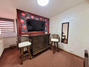 a living room with two chairs and a flat screen tv at MAG Motel in Bucharest