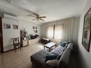 a living room with a couch and a ceiling fan at Ebro Valley Apartment in Móra d'Ebre