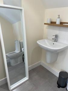 a bathroom with a sink and a toilet with a mirror at Martindales Yard in Kendal +31 photos