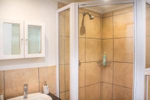 a bathroom with a shower with a sink at The Milkwood House in Wilderness +35 photos