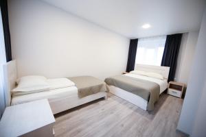 a bedroom with two beds and a window at Dzūkija Hotel in Alytus