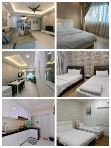 a collage of four pictures of a bedroom at Sekinchan Paddy via Seaview Home 高楼 看海 稻田 民宿 in Sekinchan +90 photos
