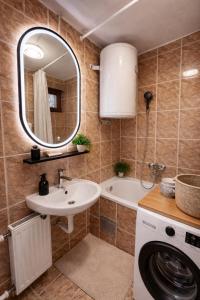 a bathroom with a sink and a washing machine at Iva Penthouse in Novi Sad