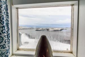 a vase sitting in a window with a view at Englendingavík Homestay in Borgarnes