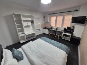 a bedroom with a bed and a desk in it at Central Suites Targu Mures in Târgu-Mureş