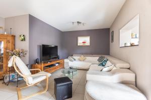 a living room with a couch and a tv at Maison Ferrer - avec jardin clos in Villeneuve-le-Roi