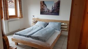 a bed with blue pillows on it in a bedroom at Haus Aschenwald in Kitzbühel