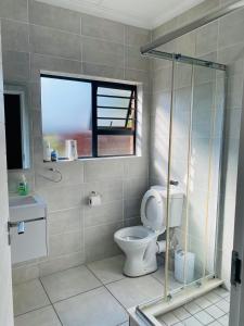 a bathroom with a toilet and a glass shower at The blyde 1 bedroom in Pretoria +8 photos