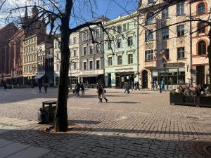 a group of people walking around a city street at Magiczny Salonik Harrego - Magical Old Town Apartment in Toruń