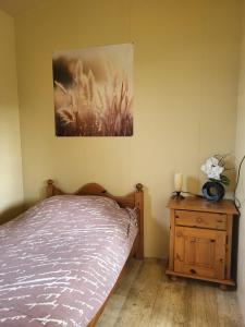 a bedroom with a bed and a painting on the wall at Chalet in menaam in Dronrijp