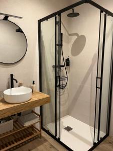 a bathroom with a shower with a sink and a mirror at Los Cucos in Cabezuela del Valle +11 photos