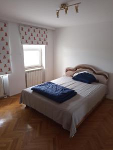 a bedroom with a bed with blue sheets and a window at Villa Acer in Novi Sad +12 photos