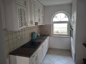 a kitchen with white cabinets and a window and a sink at Villa Acer in Novi Sad