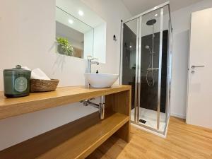 a bathroom with a sink and a shower at Carducci Holiday Home in Chiavenna