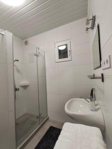 a white bathroom with a shower and a sink at Fészek Vendégház in Zalaegerszeg