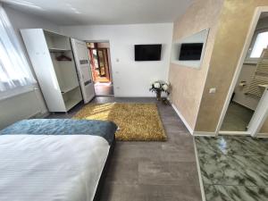 a bedroom with a bed and a television on the wall at Central Residence Targu Mures in Târgu-Mureş +13 photos