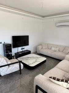 a living room with two couches and a flat screen tv at Tekirova DOM Villas with Heated Pool in Kemer