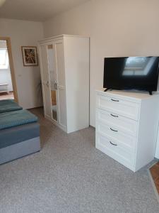 a bedroom with a tv on top of a dresser at Kranich in Wieck