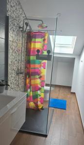 ein Badezimmer mit Dusche mit buntem Duschvorhang in der Unterkunft Chez Daniela in Cerva + 14 Fotos