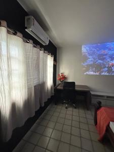 a room with a window and a desk and a television at Green Suíte Comfort in Garanhuns