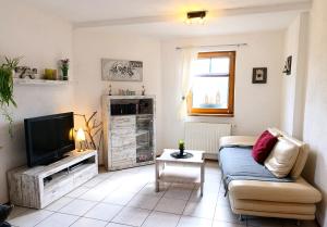 a living room with a couch and a television at FeWO Koeppe in Kopp