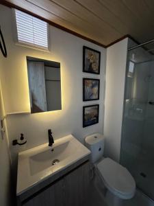 a bathroom with a sink and a toilet and a shower at Céntrico apto 202 in Tunja
