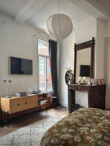 a bedroom with a bed and a tv and a mirror at Maison LE 2 in Solre-le-Château