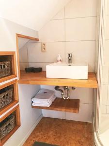 a bathroom with a sink on a wooden shelf at Studio à la campagne in Jalhay +27 photos