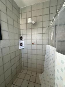 a bathroom with a shower with a sink and a shower at Grey Flat Comfort in Garanhuns +14 photos