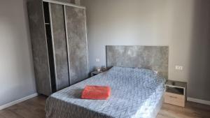 a bedroom with a bed with a red pillow on it at AndyRa in Agigea