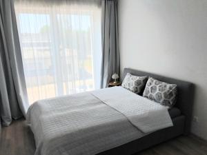 a bedroom with a bed and a large window at Vidmantės apartamentai in Palanga +5 photos
