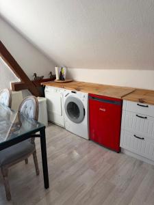 a laundry room with a washing machine and a table at Im Herzen des Elbsandsteingebirges in Königstein an der Elbe
