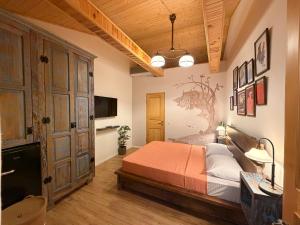 a bedroom with a bed and a tv on a wall at Hotel Commune 1889 in Kutaisi