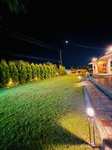 a large grassy yard at night with a street light at Courtyard Villa in Bhopal