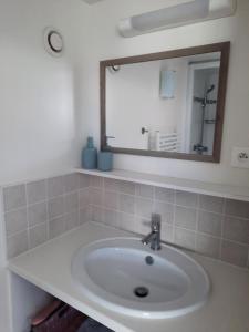a white sink in a bathroom with a mirror at Les chambres de Noëlla in LʼAiguillon-sur-Vie