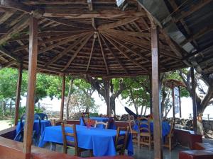 a restaurant with blue tables and chairs under a large roof at Hostal Karina in San Ramón
