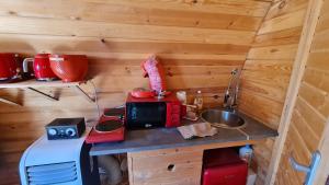 a small kitchen with a microwave and a sink at La Cabane douillette in Aups