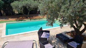 a pool with chairs and a table and a tree at La Cabane douillette in Aups